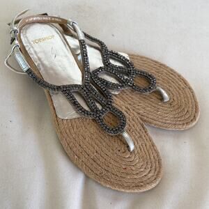 TopShop Jeweled Espadrille Sandals 7 Ankle Wrap Flats Silver Gray Embellished